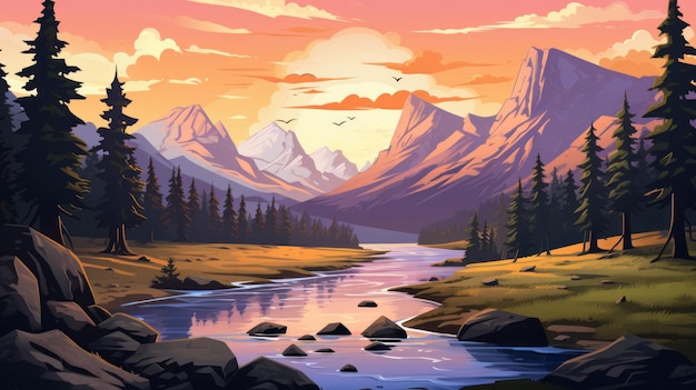 Illustration de la désignation de Lofi d'une rivière de montagne dans un ciel richement coloré