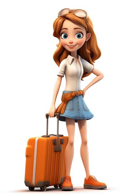 Illustration de dessin animé en 3D d'une fille tenant une valise de voyage