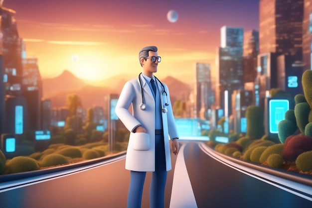 Photo illustration de dessin animé 3d d'un médecin avec expérience hospitalière et stéthoscope