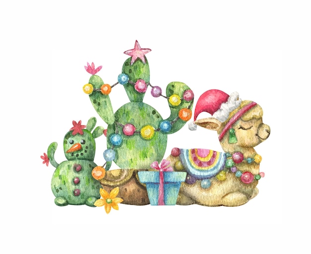 Photo illustration de dessin animé avec alpaga bonnet mignon, cactus décoré du nouvel an, flocons de neige, guirlande, cadeaux.