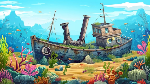 Photo illustration de dessin animé d'un bateau à vapeur coulé un bateau antique cassé recouvert d'algues vertes un bateau àvapeur noyé avec des coraux et des rochers colorés