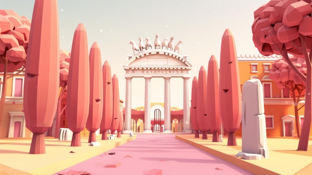 une illustration de dessin animé d'un bâtiment avec une voie rose et une voie rouge