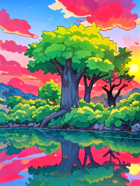 Photo illustration de dessin animé d'un beau paysage avec des arbres et de l'eau