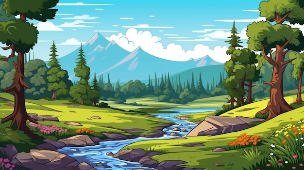 Une illustration de dessin animé d'un beau paysage de montagne avec un flux ai génératif