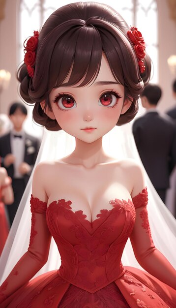 Illustration de dessin animé d'une belle fille portant une robe de mariée rouge