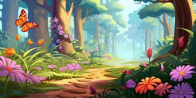 Illustration de dessin animé d'une belle forêt avec des fleurs et des papillons générative ai