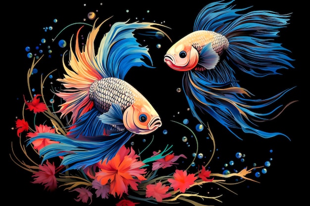 Illustration de dessin animé betta poisson multicolore nageant sur un fond noir Génératif ai