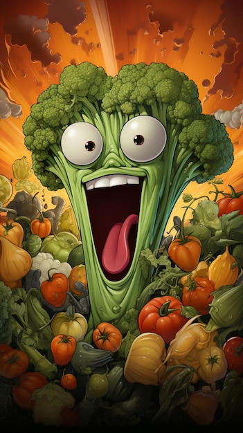 illustration de dessin animé d'un brocoli avec un grand sourire entouré de légumes