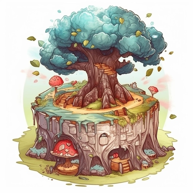 Illustration de dessin animé d'une cabane dans les arbres avec un arbre sur le dessus de l'ai générative