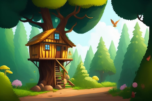 Une illustration de dessin animé d'une cabane dans les arbres avec une cabane dans les arbres au fond.