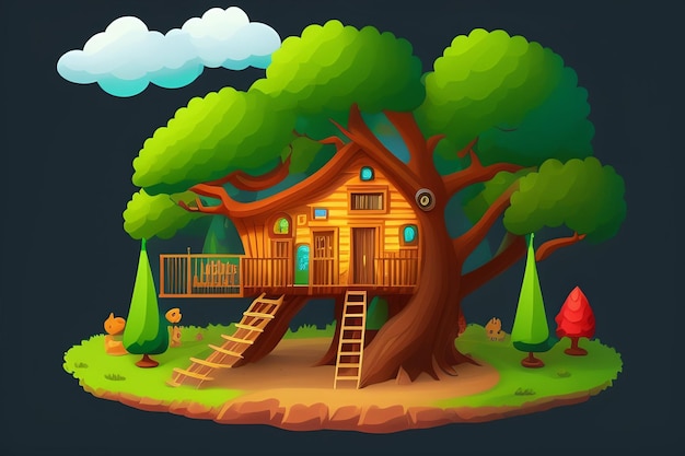 Une illustration de dessin animé d'une cabane dans les arbres avec une échelle et une cabane dans les arbres au fond.