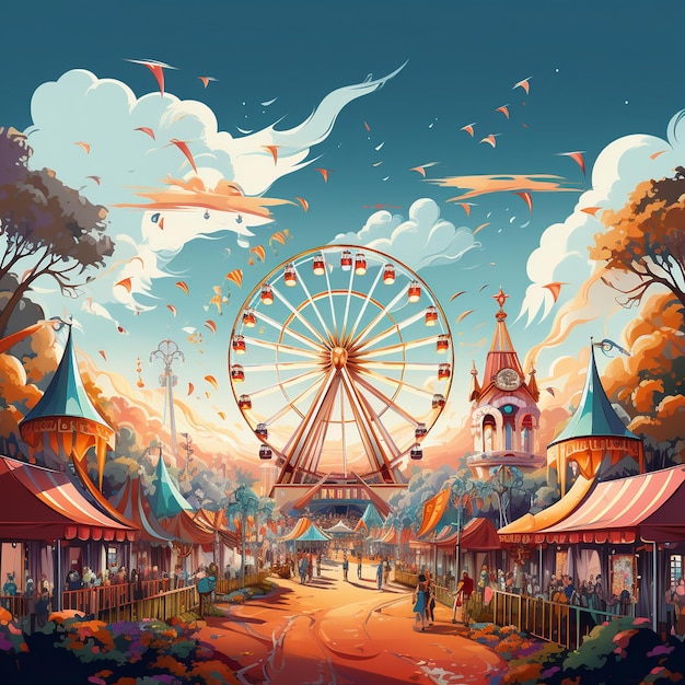 Illustration de dessin animé d'une célébration de carnaval avec une roue de ferris en arrière-plan