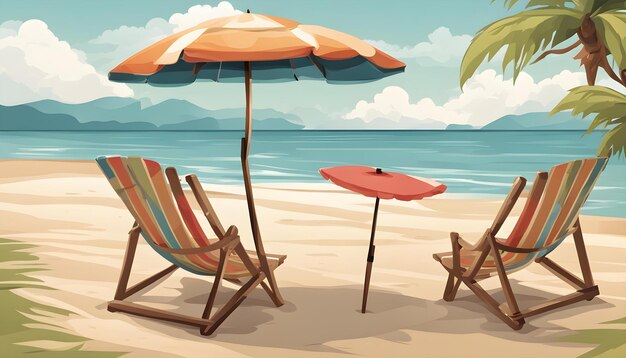 une illustration de dessin animé de chaises de plage et de parapluies avec une scène de plage en arrière-plan