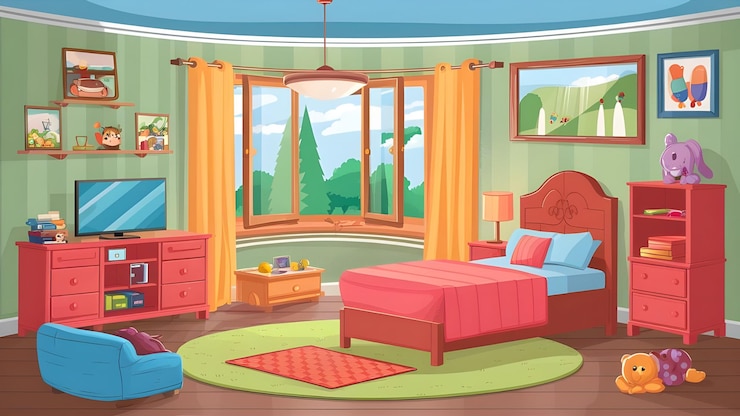 Photo une illustration de dessin animé d'une chambre à coucher avec un lit et une fenêtre avec les rideaux ouverts