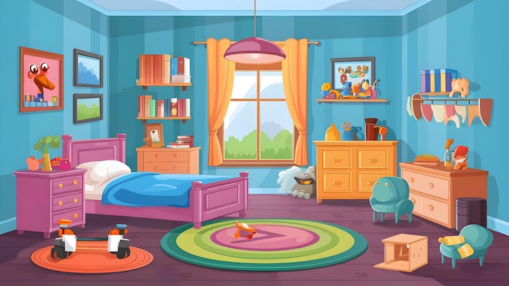 Photo une illustration de dessin animé d'une chambre à coucher avec un lit et une fenêtre