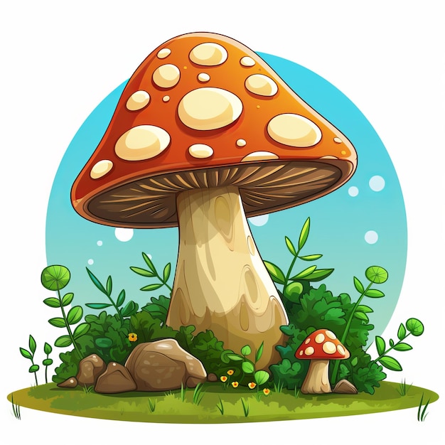 Photo illustration de dessin animé d'un champignon sur un champ herbeux