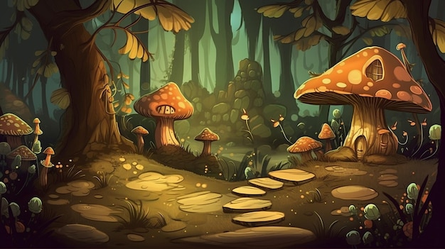 Une illustration de dessin animé de champignons dans une forêt.