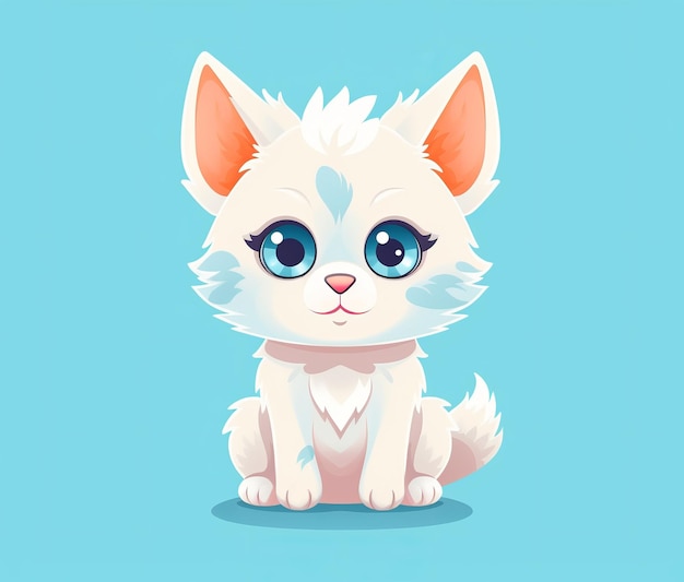 Une illustration de dessin animé d'un chat blanc aux yeux bleus est assis sur un fond bleu.