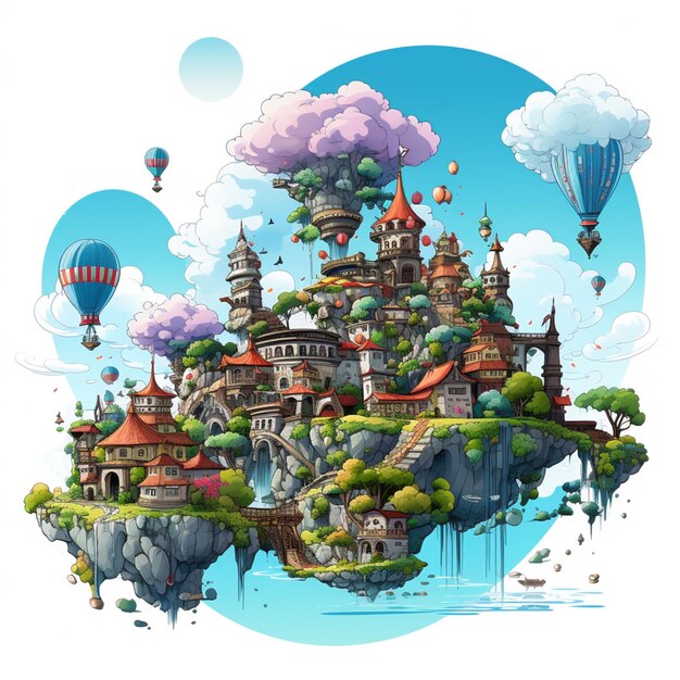 illustration de dessin animé d'un château fantastique flottant dans le ciel ai générative