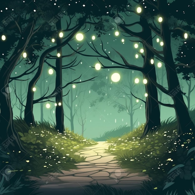 une illustration de dessin animé d'un chemin dans les bois avec des lucioles génératives ai