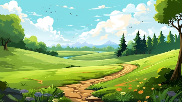 une illustration de dessin animé d'un chemin dans un champ vert avec des arbres et des fleurs