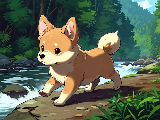 une illustration de dessin animé d'un chien courant sur une rivière