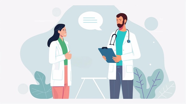Illustration de dessin animé de collaboration vibrante de deux médecins élaborant une stratégie pour l'équipe médicale de soins aux patients