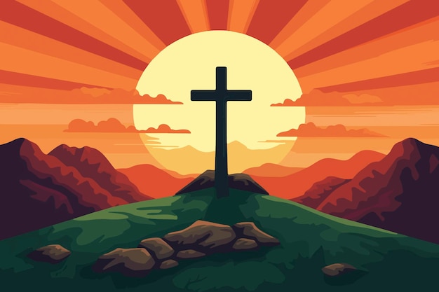Illustration de dessin animé d'une croix sur une colline avec le coucher de soleil derrière elle