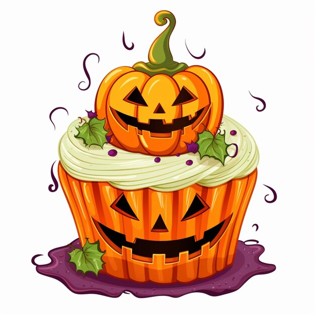 Une illustration de dessin animé d'un cupcake d'halloween avec un jack o lantern sur le dessus de l'ai générative