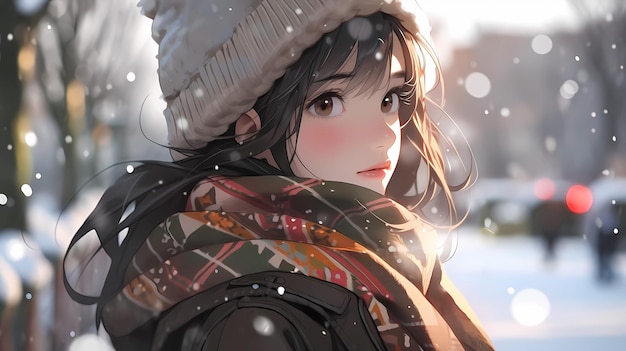Photo illustration de dessin animé dessinée à la main d'une jolie fille en hiver