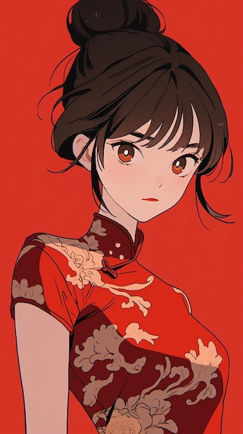 Illustration de dessin animé dessinée à la main d'une jolie fille portant une robe chinoise