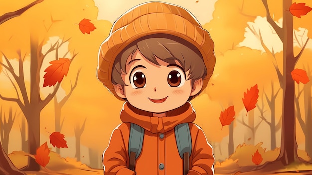 Illustration de dessin animé dessinée à la main d'un mignon garçon jouant à l'extérieur en automne