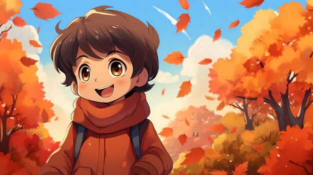 Illustration de dessin animé dessinée à la main d'un mignon garçon jouant à l'extérieur en automne