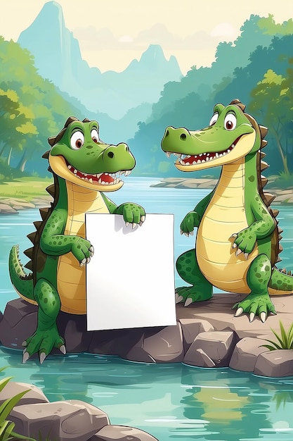 Illustration de dessin animé de deux crocodiles tenant un panneau blanc près de la rivière