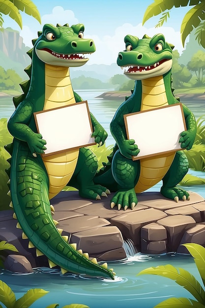 Illustration de dessin animé de deux crocodiles tenant un panneau blanc près de la rivière