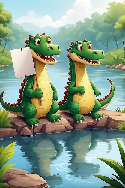 Illustration de dessin animé de deux crocodiles tenant un panneau blanc près de la rivière