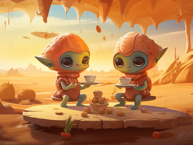 illustration de dessin animé de deux enfants extraterrestres prenant le thé dans un désert ai génératif