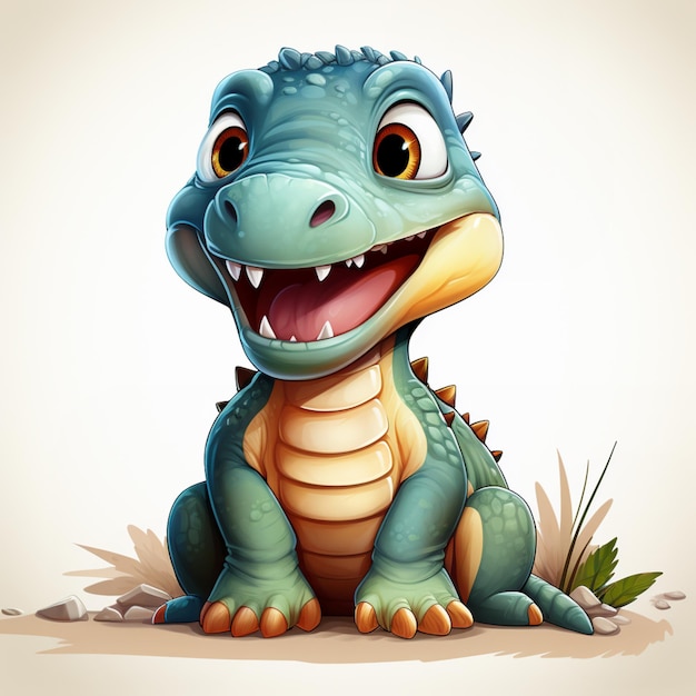 illustration de dessin animé d'un dinosaure bleu souriant assis sur le sol ai générative