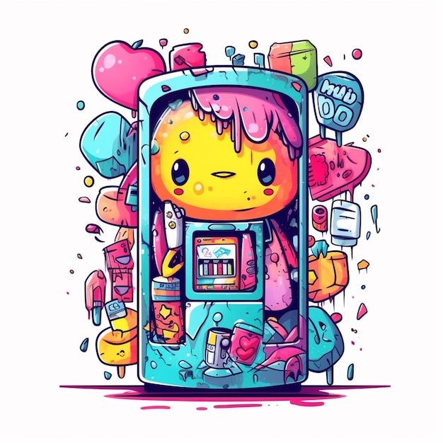 illustration de dessin animé d'un distributeur automatique avec des cheveux roses et une perruque rose