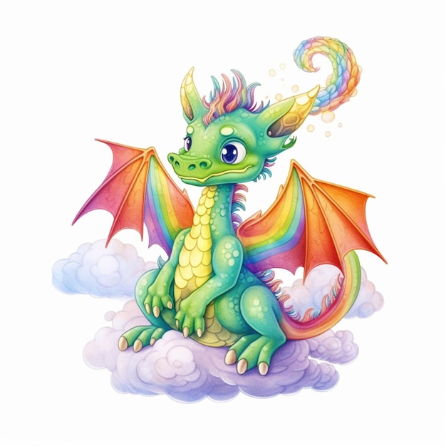 Illustration de dessin animé d'un dragon assis sur un nuage avec une ai générative de queue arc-en-ciel