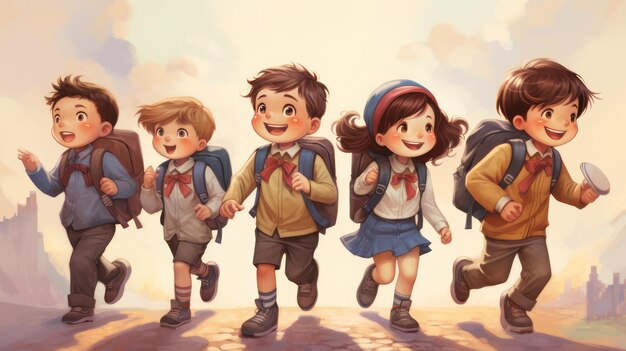 Illustration de dessin animé d'écoliers qui vont à l'école ensemble