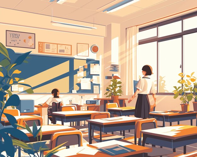 une illustration de dessin animé d'un élève dans une salle de classe avec une fenêtre et une plante en arrière-plan