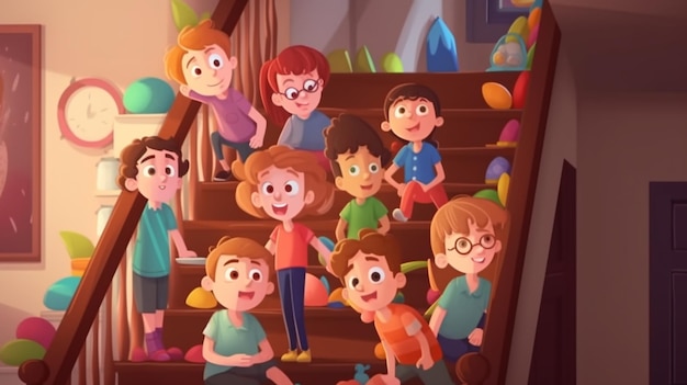 Une illustration de dessin animé d'enfants dans les escaliers d'un bâtiment scolaire