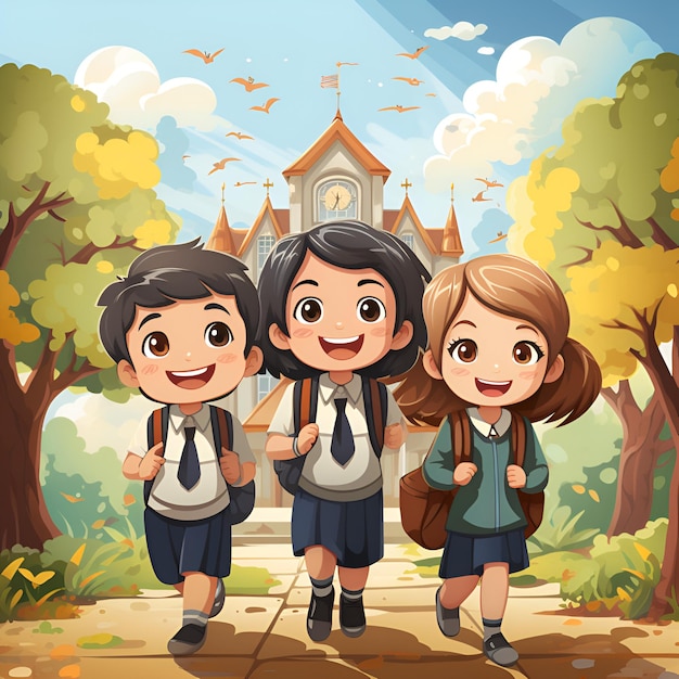 Photo illustration de dessin animé d'enfants portant des vêtements d'école posant devant le bâtiment de l'école