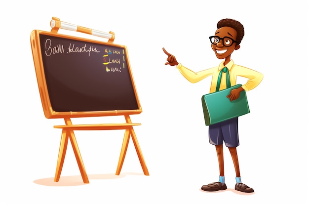 Photo illustration de dessin animé d'un enseignant africain heureux à côté du tableau noir dans une salle de classe