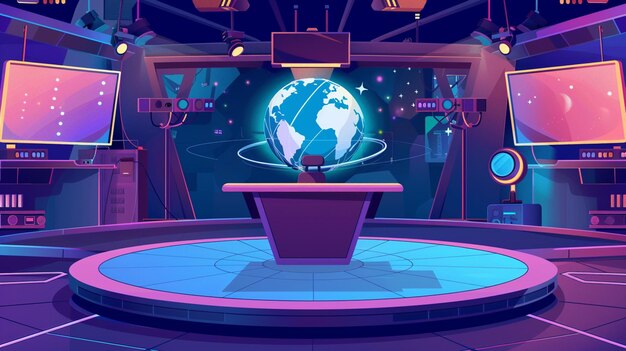 Photo une illustration de dessin animé d'un ensemble de nouvelles avec un globe sur un stand génératif ai