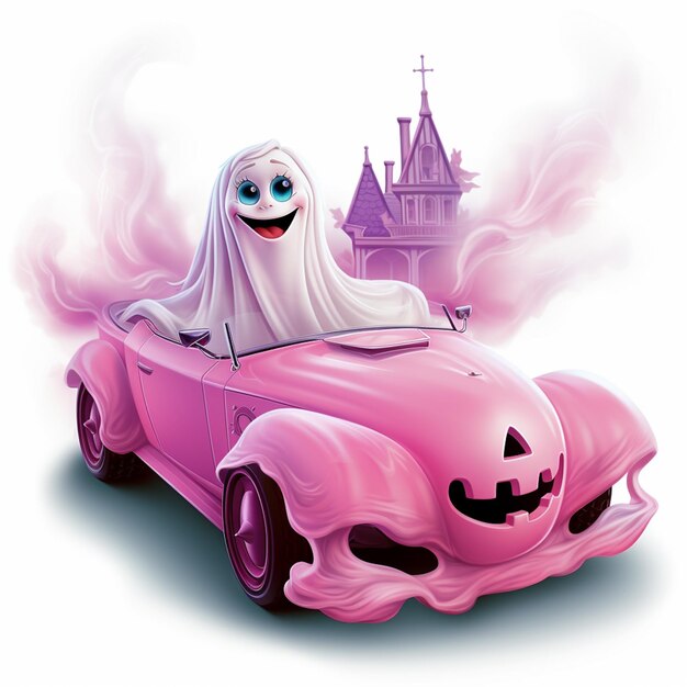 illustration de dessin animé d'un fantôme conduisant une voiture rose avec un château en arrière-plan