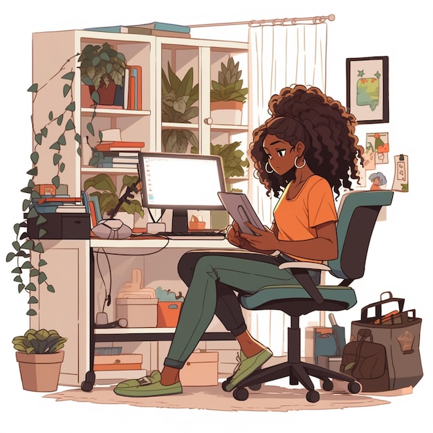 illustration de dessin animé d'une femme assise à un bureau avec une IA générative pour ordinateur portable