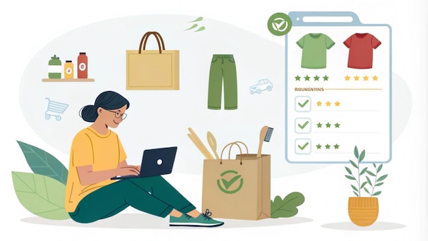 une illustration de dessin animé d'une femme assise devant un magasin avec un sac de vêtements et un sac avec un
