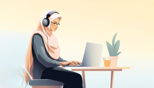 Illustration de dessin animé d'une femme avec hijab travaillant à domicile